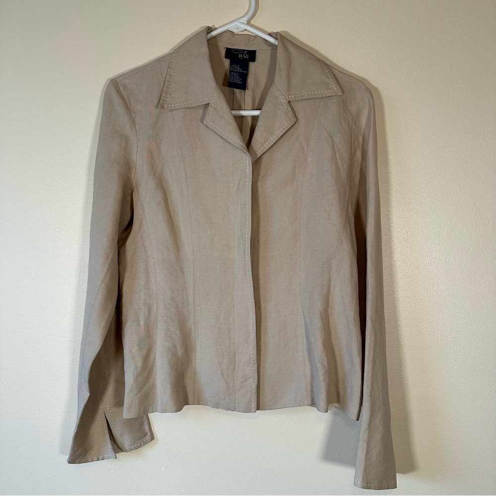 Vintage Light Blazer Jacket w/ Stitched Edging Large Tan Beige Preppy Minimalist